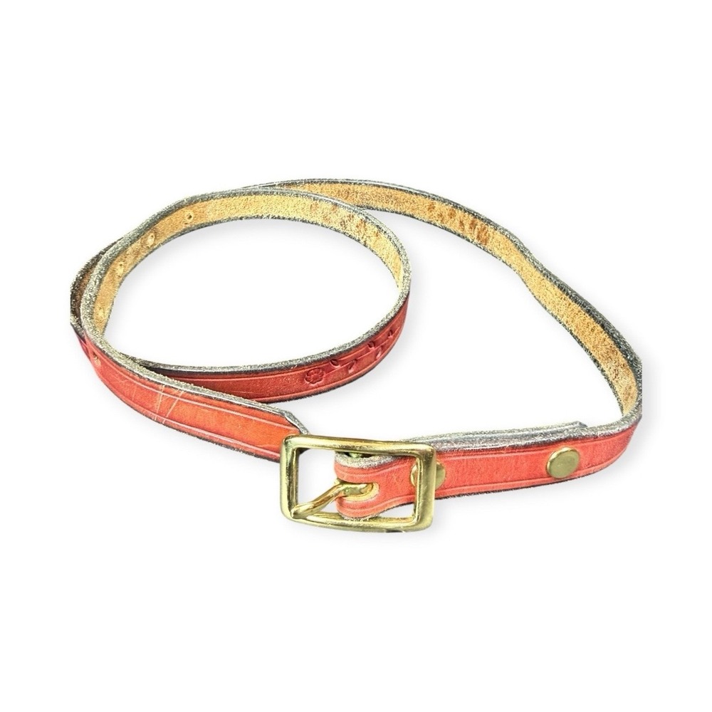 Vintage Red Leather Adjustable belt w/ Brass Tone Buckle, Floral Tooled retro